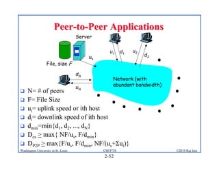 Peer-to-Peer Applications
                                     Server

                                                  u1     d1   u2
                                          us                       d2
                  File, size F

                                     dN
                                                    Network (with
                                     uN             abundant bandwidth)
    N= # of peers
    F= File Size
    ui= uplink speed or ith host
    di= downlink speed of ith host
    dmin=min{d1, d2, ..., dN}
    Dcs > max{ NF/us, F/dmin}
    DP2P > max{F/us, F/dmin, NF/(us+ui)}
Washington University in St. Louis             CSE473S                    ©2010 Raj Jain
                                               2-52
 