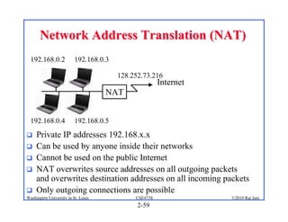Network Address Translation (NAT)
  192.168.0.2             192.168.0.3

                                        128.252.73.216
                                                       Internet
                                     NAT


  192.168.0.4             192.168.0.5
    Private IP addresses 192.168.x.x
    Can be used by anyone inside their networks
    Cannot be used on the public Internet
    NAT overwrites source addresses on all outgoing packets
     and overwrites destination addresses on all incoming packets
    Only outgoing connections are possible
Washington University in St. Louis           CSE473S              ©2010 Raj Jain
                                              2-59
 