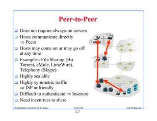 Peer-to-Peer
    Does not require always-on servers
    Hosts communicate directly
      Peers
    Hosts may come on or may go off
     at any time
    Examples: File Sharing (Bit
     Torrent, eMule, LimeWire),
     Telephony (Skype)
    Highly scalable
    Highly symmetric traffic
      ISP unfriendly
    Difficult to authenticate  Insecure
    Need incentives to share
Washington University in St. Louis       CSE473S    ©2010 Raj Jain
                                          2-7
 