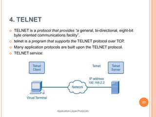 4. TELNET
 TELNET is a protocol that provides “a general, bi-directional, eight-bit
byte oriented communications facility”.
 telnet is a program that supports the TELNET protocol over TCP.
 Many application protocols are built upon the TELNET protocol.
 TELNET service:
23
Application-Layer Protocols
 