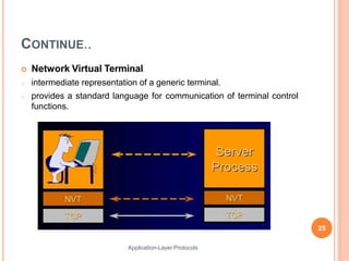 CONTINUE..
 Network Virtual Terminal
o intermediate representation of a generic terminal.
o provides a standard language for communication of terminal control
functions.
25
Application-Layer Protocols
 