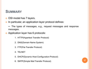 SUMMARY
 OSI model has 7 layers.
 In particular, an application layer protocol defines:
– The types of messages, e.g., request messages and response
messages.
 Application layer has 6 protocols:
1. HTTP(Hypertext Transfer Protocol)
2. DNS(Domain Name System)
3. FTP(File Transfer Protocol)
4. TELNET
5. DHCP(Dynamic Host Configuration Protocol)
6. SMTP(Simple Mail Transfer Protocol) 37
 