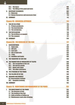 Ix.4. The fence                                   108
         Ix.5. The	filling	of	the	pond	and	tests	          109
    x. NECESSARY RESOURCES                                 109
       x.1. Materials                                      109
       x.2. Human Resources and necessary time             110
    xI. SUMMARY                                            112

    Chapter 08 - BIOLOGICAL APPROACH                       113
    I.   THE LIFE IN A POND                                113
         I.1. Primary producers                            115
         I.2. The invertebrates                            116
         I.3. The vertebrates                              118
    II. THE FERTILIZATION                                  118
        II.1. The fertilizers or manure                    118
        II.2. The compost                                  121
    III. SUMMARY                                           126

    Chapter 09 - THE HANDLING OF THE FISH                  127
    I.   CATCH METHODS                                     127
         I.1. Seine nets                                   129
         I.2. Gill nets                                    132
         I.3. Cast nets                                    133
         I.4. Dip or hand nets                             134
         I.5. Traps                                        135
         I.6. Handline and hooks                           136
    II. THE TRANSPORT OF LIVE FISH                         136
    III. THE PRODUCTION OF FINGERLINGS OF TILAPIA          139
         III.1. The recognition of the sex                 139
         III.2. The nursery ponds                          139
         III.3. Hapas and cages                            142
         III.4. The other structures                       145
    IV. THE STOCKING OF THE PONDS                          146
    V. THE FOLLOW-UP OF FISH                               149
    VI. DRAINING AND HARVEST                               150
        VI.1.Intermediate	fishings	                        150
        VI.2. Complete draining                            151
    VII. SUMMARY                                           152

    Chapter 10 - MAINTENANCE AND MANAGEMENT OF THE PONDS   153
    I.   THE MAINTENANCE OF THE PONDS                      153
         I.1. The	diseases	of	fish	                        153
         I.2. The	feeding	of	the	fish	                     158
         I.3. Daily activities of follow-up                162
         I.4. Maintenance work after draining              163


x    Subsistence fishfarming in Africa
 