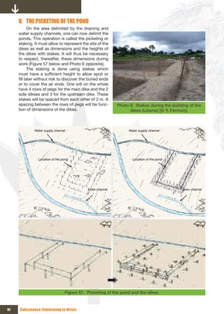 V. THE PICKETING OF THE POND
            On the area delimited by the draining and
     water supply channels, one can now delimit the
     ponds. This operation is called the picketing or
     staking. It must allow to represent the site of the
     dikes as well as dimensions and the heights of
     the dikes with stakes. It will thus be necessary
     to respect, thereafter, these dimensions during
     work (Figure 57 below and Photo E opposite).
            The staking is done using stakes which
     must have a sufficient height to allow spoil or
     fill later without risk to discover the buried ends
     or to cover the air ends. One will on the whole
     have 4 rows of pegs for the main dike and the 2
     side dikess and 3 for the upstream dike. These
     stakes will be spaced from each other of 2 m. A
     spacing between the rows of pegs will be func-         Photo E. Stakes during the building of the
     tion of dimensions of the dikes.                             dikes (Liberia) [© Y. Fermon].



              Water supply channel                               Water supply channel




                Location of the pond                               Location of the pond




                                            Drain channel                                   Drain channel




                                 Figure 57. Picketing of the pond and the dikes.



82   Subsistence fishfarming in Africa
 