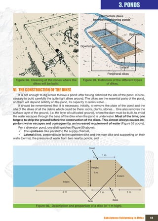 3. PONDS
                                                                    Intermediate dikes 
                                                                between neighboring ponds



                                                                                                    Upstream



                                                      Downstream




                                                                                          Lateral

                                                                                Peripheral dikes

  Figure 58. Cleaning of the zones where the            Figure 59. Definition	of	the	different	types	
              dikes will be build.                                       of dikes.

VI. THE CONSTRUCTION OF THE DIKES
     It is not enough to dig a hole to have a pond: after having delimited the site of the pond, it is ne-
cessary to build carefully the quite tight dikes around. The dikes are the essential parts of the pond,
on them will depend solidity on the pond, its capacity to retain water…
     It should be remembered that it is necessary, initially, to remove the plate of the pond and the
site of the dikes of all the debris which could be there: roots, plants, stones… One also removes the
surface layer of the ground, (i.e. the layer of cultivated ground), where the dam must be built, to avoid
the water escapes through the base of the dike when the pond is underwater. Most of the time, one
forgets to strip the ground before the construction of the dikes. This almost always causes im-
portant water escapes and consequently, an increased requirement of water (Figure 58 above).
     For a diversion pond, one distinguishes (Figure 59 above):
     9 The upstream dike parallel to the supply channel,
     9 Lateral dikes, perpendicular to the upstream dike and the main dike and supporting on their
walls (berms), the pressure of water from two nearby ponds, and


                                                             Crest

                                                                          1 m




                                                               Height

                                                                   1 m
                                                                                       Extern

                                        Intern



                                       2 m                               1 m                    1 m


                                                            Side                   Base

                  Figure 60. Description and proportion of a dike (of 1 m high).



                                                                           Subsistence fishfarming in Africa   83
 