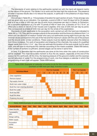 3. PONDS
     The standards of work relating to the earthworks carried out with the hand will depend mainly
on the nature of the ground. The harder it is to work and the less high the outputs are. The presence
of water in excess results also in to reduce the outputs, in particular in the presence of clays heavy
and sticking
     One will see in Table XX, p. 110 examples of duration for each section of work. Times strongly vary
and are given only as an indication. For example, a pond of 200 m2 took 20 days full for 20 people,
that is to say a total of 400 men per day (8 work hours manpower per day) in Liberia. In Cameroun,
for a complete exploitation of 2 ha with 15 ponds of 400 m2 each one, a eclosery of 10 x 10 m2, an
office plus a store of 150 m2, 5 hen houses and 5 pigsties, time was of 226 men per day by pond.
This corresponds to a total of 3435 men per day for the whole of the exploitation.
     Standards of work applicable to the excavation work carried out with the hand are indicated to
Table XXI, p. 110. They are the average outputs to the excavation and the throw at a distance from 1 m
which one can discount of medium worker who carry out earthworks during eight hours per day: the
minimal values correspond to the use of the hoe and the maximum values with the use of the pickaxe
and the shovel under similar conditions. These outputs must be slightly reduced when the distance
from throw increases. For work of excavation and shaping of the channels, the output of a qualified
digger varies from 0.8 to 1.2 m3 day. One can estimate the duration of the work overall, but for each
case, one will have to recompute this calendar according to the means available (Table XXII below).
If the number of workers is sufficient, several stages can be done in same time.
     In time, it is desirable that the earthworks are done at the time when the costs of construction
will be weakest. The most favourable moment is thus the dry season, especially at the end of the
season for the earthwork. At this time, the bearing pressure of the ground is better and the swamps
are not saturated of water. For the programming of work, one thus designs a calendar in which the
programming of each task will appear (Table XXIII below).

          Table XXII. Example of calendar of works to do for the construction of a pond
                          (workers of 400 men per day). Activities in dark.
                                                        For 3 or 4 ponds                      For 1 or 2 ponds
            Activities/Week
                                            1     2        3    4    5     6   7   8      1       2     3        4
  Clear vegetation
  Remove topsoil
  Dig supply channel
  Build main water intake
  Build the main draining structure
  Build the outlet
  Build the inlet
  Build the dikes
  Finalising the pond


         Table XXIII.Example of calendar according the seasons (15 ponds) in Cameroon.
  Activity/Month     Sept     Oct     Nov   Dec   Jan     Feb March April      May     June    July   Aug   Sept
 Clean the site
 Topographic
 plan
 Design setting
 Water supply
 Excavation
 works
 Other



                                                                               Subsistence fishfarming in Africa     111
 