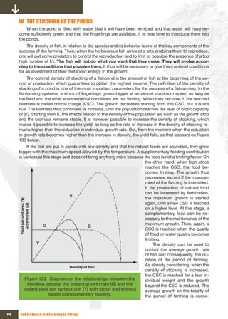 IV. THE STOCKING OF THE PONDS
          When the pond is filled with water, that it will have been fertilized and that water will have be-
      come sufficiently green and that the fingerlings are available, it is now time to introduce them into
      the ponds.
           The density of fish, in relation to the species and its behavior is one of the key components of the
      success of the farming. Then, when the herbivorous fish arrive at a size enabling them to reproduce,
      one will put some predators to control the reproduction and to limit to possible the presence of a too
      high number of fry. The	fish	will	not	do	what	you	want	that	they	make.	They	will	evolve	accor-
      ding to the conditions that you give them. It thus will be necessary to give them optimal conditions
      for an investment of their metabolic energy in the growth.
           The optimal density of stocking of a fishpond is the amount of fish at the beginning of the pe-
      riod of production which guarantees to obtain the highest income. The definition of the density of
      stocking of a pond is one of the most important parameters for the success of a fishfarming. In the
      fishfarming systems, a stock of fingerlings grows bigger at an almost maximum speed as long as
      the food and the other environmental conditions are not limiting. When they become it, the reached
      biomass is called critical charge (CSC). The growth decreases starting from this CSC, but it is not
      null. The biomass thus continues to increase, until the population reaches the level of biotic capacity
      or (K). Starting from K, the effects related to the density of the population are such as the growth stop
      and the biomass remains stable. It is however possible to increase the density of stocking, which
      makes it possible to increase the yield, as long as the rate of increase in the density of stocking re-
      mains higher than the reduction in individual growth rate. But, from the moment when the reduction
      in growth rate becomes higher than the increase in density, the yield falls, as that appears on Figure
      133 below.
           If the fish are put in ponds with low density and that the natural foods are abundant, they grow
      bigger with the maximum speed allowed by the temperature. A supplementary feeding contribution
      is useless at this stage and does not bring anything more because the food is not a limiting factor. On
                                                                           the other hand, when high stock
                                                                           reaches the CSC, the food be-
                                                                           comes limiting. The growth thus
                                                                           decreases, except if the manage-
                                                                           ment of the farming is intensified.
                                                                           If the production of natural food
                                                                           can be increased by fertilization,
                                    Y                                      the maximum growth is started
      Yield per unit area (Y)




                                                                           again, until a new CSC is reached
         Growth rate (G)




                                                                           on a higher level. At this stage, a
                                                                           complementary food can be ne-
                                                                           cessary to the maintenance of the
                     G                                                     maximum growth. Then, again, a
                                               G
                                                                           CSC is reached when the quality
                                                                           of food or water quality becomes
                                                                           limiting.
                 Y                                                              The density can be used to
                                                                           control the average growth rate
                                                                           of fish and consequently, the du-
                                                                           ration of the period of farming.
                                    Density of fish
                                                                           As already considering, when the
                                                                           density of stocking is increased,
                                                                           the CSC is reached for a less in-
          Figure 133. Diagram on the relationships between the             dividual weight and the growth
           stocking density, the instant growth rate (G) and the           beyond the CSC is reduced. The
         instant yield per surface unit (Y) with (dots) and without        average growth on the totality of
                        (plain) complementary feeding.                     the period of farming is conse-



146   Subsistence fishfarming in Africa
 