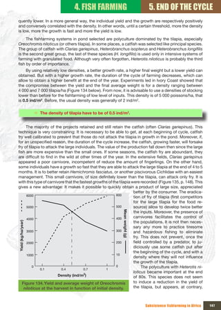 4. FISH FARMING                               5. END OF THE CYCLE
quently lower. In a more general way, the individual yield and the growth are respectively positively
and conversely correlated with the density. In other words, until a certain threshold, more the density
is low, more the growth is fast and more the yield is low.
     The fishfarming systems in pond selected are polyculture dominated by the tilapia, especially
Oreochromis niloticus (or others tilapia). In some places, a catfish was selected like principal species.
The group of catfish with Clarias gariepinus, Heterobranchus isopterus and Heterobranchus longifilis
is the second great group, the last of these species (H. longifilis) is used only in intensive systems of
farming with granulated food. Although very often forgotten, Heterotis niloticus is probably the third
fish by order of importance.
     By using relatively low densities, a better growth rate, a higher final weight but a lower yield can
obtained. But with a higher growth rate, the duration of the cycle of farming decreases, which can
allow to obtain a higher benefit at the end of the year. Experiments led in Ivory Coast showed that
the compromise between the yield and the final average weight is for a density ranging between
4 000 and 7 000 tilapia/ha (Figure 134 below). From now, it is advisable to use a densities of stocking
lower than before for the fishfarming of low level of inputs. This density is of 5 000 poissons/ha, that
is 0.5 ind/m2. Before, the usual density was generally of 2 ind/m2.


                     Ö The density of tilapia have to be of 0.5 ind/m2.


     The majority of the projects retained and still retain the catfish (often Clarias gariepinus). This
technique is very constraining: It is necessary to be able to get, at each beginning of cycle, catfish
fry well calibrated to prevent that those do not attack the tilapia in growth in the pond. Moreover, if,
for an unspecified reason, the duration of the cycle increase, the catfish, growing faster, will forsake
fry of tilapia to attack the large individuals. The value of the production fall down then since the large
fish are more expensive than the small ones. If some seasons, the catfish fry are aboundant, they
are difficult to find in the wild at other times of the year. In the extensive fields, Clarias gariepinus
appeared a poor carnivore, incompetent of reduce the amount of fingerlings. On the other hand,
some individuals have a growth so fast that they are able to attack the large tilapia at the end of 4 to 5
months. It is to better retain Hemichromis fasciatus, or another piscivorous Cichlidae with an easiest
management. This small carnivore, of size definitely lower than the tilapia, can attack only fry. It is
with this type of carnivore that the fastest growths of the tilapia were recorded (Figure 135, p. 148). This
gives a new advantage: It makes it possible to quickly obtain a product of large size, appreciated
                                                                     better by the consumer. The eradica-
     6000                                                 600
                                                                     tion of fry of tilapia (first competitors
                                                                     for the large tilapia for the food re-
     5000                                                 500        source) allow to develop twice better
                                                                   Mean weight (g)




                                                                     the inputs. Moreover, the presence of
     4000                                                 400        carnivores facilitates the control of
                                                                     the populations. It is not then neces-
Yield (kg/ha/year)




                                                                     sary any more to practice tiresome
     3000                                                 300        and hazardous fishing to eliminate
                                                                     fry. This does not prevent, once the
     2000                                                 200        field controlled by a predator, to ju-
                                                                     diciously use some catfish put after
                                                                     the beginning of the cycle, and with a
     1000                                                 10
                                                                     density where they will not influence
                                                                     the growth of the tilapia.
          0                                               0               The polyculture with Heterotis ni-
              0.1          0.4          0.7         1
                                                                     loticus became important at the end
                         Density (ind/m2)                            of 80s. This species does not seem
   Figure 134. Yield and average weight of Oreochromis               to induce a reduction in the yield of
    niloticus at the harvest in function of initial density.         the tilapia, but appears, at contrary,



                                                                                     Subsistence fishfarming in Africa   147
 