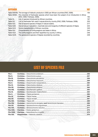 APPENDIx                                                                                                  187
Table XXXVIII. The tonnage of halieutic products in 2005 per African countries (FAO, 2006).               194
Table XXXIX. The checklist of freshwater species which have been the subject of an introduction in Africa
               (FAO, 2006; Fishbase, 2006).                                                               195
Table XL.      List of species introduced by African countries.                                           197
Table XLI.     List of freshwater fish used in aquaculture by country (FAO, 2006; Fishbase, 2008).        203
Table XLII.    Diet of several species of tilapia in natural waters.                                      217
Table XLIII.   Size at sexual maturation, maximale size and longevity of different species of tilapia.    223
Table XLIV.    Some characteristics of African countries.                                                 240
Table XLV.     Characteristics of ichthyoregions and lakes in Africa.                                     244
Table XLVI.    The ichthyoregions and their repartition by country in Africa.                             246
Table XLVII. The genera and species of tilapias recorded by countries.                                    248




                                   LIST OF SPECIES FILE
File I.       Cichlidae. - Oreochromis andersoni                                                           256
File II.      Cichlidae. - Oreochromis aureus                                                              257
File III.     Cichlidae. - Oreochromis esculentus                                                          258
File IV.      Cichlidae. - Oreochromis macrochir                                                           259
File V.       Cichlidae. - Oreochromis mossambicus                                                         260
File VI.      Cichlidae. - Oreochromis niloticus                                                           261
File VII.     Cichlidae. - Oreochromis shiranus                                                            262
File VIII.    Cichlidae. - Sarotherodon galileus                                                           263
File IX.      Cichlidae. - Sarotherodon melanotheron                                                       264
File X.       Cichlidae. - Tilapia guineensis                                                              265
File XI.      Cichlidae. - Tilapia mariae                                                                  266
File XII.     Cichlidae. - Tilapia rendalli                                                                267
File XIII.    Cichlidae. - Tilapia zillii                                                                  268
File XIV.     Cichlidae. - Hemichromis elongatus and Hemichromis fasciatus                                 269
File XV.      Cichlidae. - Serranochromis angusticeps                                                      270
File XVI.     Cichlidae. - Serranochromis robustus                                                         271
File XVII.    Clariidae. - Clarias gariepinus                                                              272
File XVIII.   Clariidae. - Heterobranchus longifilis                                                       273
File XIX.     Arapaimidae. - Heterotis niloticus                                                           274




                                                                             Subsistence fishfarming in Africa   xVII
 