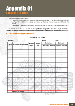 Appendix 01
ExAMPLES OF FILES
   Are given here some models of:
   1. Files to monitor ponds as a whole. These files can be used for all ponds, or separately for
        each pond. It will then be enough to make a synthesis of the individual record files of the
        ponds.
   2. Files for the follow-up of fish. Again, this can be done by species, pond, for all the ponds…

   These are examples and should be changed according to the operation implementation.
There	is,	however,	the	information	necessary	for	proper	management	of	ponds	and	fish	stocks.	

I. FILES FOR MONITORING THE PONDS
                                    Daily fish per pond
  Pond n°                                              Month                  Year

                                   Money       Dead          Fish given            Fish sold
   Date Activities and remarks
                                   spent        fish     Workers     Family Quantity Income




        Total of the month




                                                                    Subsistence fishfarming in Africa   189
 