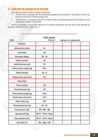II. FILES FOR THE FOLLOW-UP OF THE FISH
   Here are two types of files to follow-up the fish:
   1. The first two correspond to the quantitative aspects of production. They allow to know by
       pond and all ponds, the fish production.
   2.     The third file is by species and fish or batch of fish to estimate growth and evolution of the
          relationship weight / size of fish.
   All this information will provide elements to improve production for the next cycle (density by
species, additional food, cycle time…).




                                             Fish stock
 Date                                                Pond n°      Surface or volume (V)
              Species

         Introduction date                   Di

             End date                        Df

          Duration (days)                 Df - Di

          Initial number                     Ni

        Initial biomass (g)                  Bi

    Initial mean weight (g)                 Pmi

           Initial density                 Ni / V

     Initial mean size (cm)                 Tmi

             Dead fish

           Final number                      Nf

         Final biomass (g)                   Bf

     Final mean weight (g)                  Pmf

     Final mean size (cm)                   Tmf

          Total ration (g)                   RT

        Total production (g)               Bf - Bi

         Conversion rate               RT / (Bf - Bi)

          Day growth (g)            (Pmf - Pmi) / days

         Day growth (cm)            (Tmf - Tmi) / days

           Survival (%)               (Nf - Ni) x 100




                                                                       Subsistence fishfarming in Africa   191
 