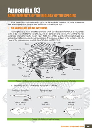 Appendix 03
SOME ELEMENTS OF THE BIOLOGY OF THE SPECIES
    Some general information of the biology of the some species used in aquaculture is presented
here. The biogeographic aspects were approached in the chapter III p. 21.

I. THE MORPHOLOGY AND THE SYSTEMATIC
    The morphology of fish is one of the elements which allow to determine them. It is very variable
and is to be connected to the way of living, with the behaviors and habitus. One will find the main
anatomical external terms of a fish on Figure 152 below. Will be given here the morphological cha-
racters allowing to distinguish the various species. The drawings and part of the text come from the
Fauna of the freshwater and brackish fish of West Africa (IRD, 2004).
                                                                    Dorsal fin
                           Back
                                                                                        Lateral line

                 Opercle
                                                                                                Caudal peduncle



             Head




      Chin
                Thoat
                                                                                                       Caudal fin
                        Chest                         Belly
                                                                                 Anal fin
                    Pectoral fins
                                                      Pelvic fins

             Figure 152. Principal	terms	pertinent	to	the	external	morphology	of	a	fish.	

    9 Ratio body length/body depth ( (L/H) (Figure 153 below)

     Anguilliform, Serpentiform               Strongly elongate                               Elongate
          L / H = 12 - 18                       L / H = 7 - 10                              L / H = 4 - 6




         Short or medium                            Deep                                     Very deep
           L / H = 3 - 4                        L / H = 2 - 3                                 L / H < 2




                                    Figure 153. Different body shapes.



                                                                                 Subsistence fishfarming in Africa   207
 