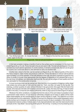 A - Dig a hole                B - Fill it with water to the        C - Later, some of the water will 
                                               top in the morning                    have sunk into the soil




     D - Then fill the hole with  E - Cover the hole          F - Result of the test the next morning
      water again to the top
                                      Figure 24. Test of soil permeability.

          A first test consists in taking a handful of soil on the surface and to compress it in the hand into
     a ball (Figure 22, p. 51). (A). Throw the ball in the air and catch it (B). The ball will disintegrate if the soil
     contains too much sand or gravel (C). If, on the contrary, it remains compact (D), the soil can be good
     for a pond, but, to be sure about it, one will have to carry out another test.
         Another test, close to the first, can be carried out (Figure 23, p. 51). Take a quantity of the soil in
     the hand, knead it, make mortar and produce a ball of it. Throw the ball on a vertical wall located at
     approximately 3 m of the operator. If the ball adheres to the wall, the soil is regarded as good for the
     dikes of ponds. It is even more appropriate that the degree of flattening of the adhered ball is low. If
     the ball does not adhere, but dislocates itself and fall, the soil will be judged of bad quality and thus
     non advisable for the construction of ponds.
          A more conclusive test can be carried out. One morning, it is a question of digging a rather deep
     hole where one will be able to hold until the waist (A). Then, one fills it of water to the top (B). The
     evening, a certain quantity of water will be infiltrated in the ground (C). One again fills the hole to the
     top (D). One recovers the hole with boards or branches (E). Lastly, the next morning, if most of water
     is still in the hole, it is that the soil retains sufficiently water to dig a pond (F) there (Figure 24 above).
         Whatever the other conditions, it is essential that the nature of the soil makes it possible to have
     a permanent water reserve. It must thus be sufficiently charged out of clays to obtain all the more
     large impermeability as the contributions of water will be irregular or weak. The objective is to have
     to compensate for only evaporation. The fact of having at its disposal a favourable topography and a
     sandy surface soil is however not harmful as long as a source of clay is available in the vicinity or in
     the basement close to surface. Indeed, even of very big hydroelectric dam see their dams built on the
     principle of the “clay Mask” recovering of the ground “All coming”. A sandy or humus-bearing soil is



52   Subsistence fishfarming in Africa
 