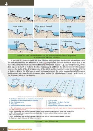A                                     B                                                 C

            Water intake                          Water supply channel                                     Inlet
                               Inlet



                           D                                     E                                                 F

              Outlet                                                                         Drain channel
                                                                                                                           Sream
                                                                 Drain channel



                           G                                     H                                                 I
                     Figure 43. The different points for the management of water by gravity.
                                             The explanations are given in the text.

           In the case of a diversion pond fed from a stream through a main water intake and a feeder canal,
     it is easy to determine the difference in level ( (x) (cm) equired between minimum water level at the
     main intake and maximum water level at the end of the drain (Figure 44, p. 70). One preferably consi-
     ders a pond a depth of 150 cm. It will be necessary to add there the difference in level necessary
     between the outlet of the drainage device of the pond and the maximum water level in the channel
     of draining (b) and the difference in level necessary between the water supply channel of the pond
     and the maximum water level in the pond (c) as well as the value between the entry and the exit of
     the drainage device of the pond (e).
                 1
            1a        1b       2         3        4                     5            6        7       7a     7b        8           9




                                              c                             a
                                                                                         d
                       x                                                                                                     x
                                                                                                  b


      1: Upstream - Water level: 1a: minimum - 1b: maximum
      2: Main water intake: same level than upstream                 6: Top of dikes
      3: End of intake channel                                       7: Pond outlet - 7a: Start - 7b: End
      4: Pond inlet                                                  8: Drainage channel
      5: Maximum water level in the pond                             9: Downstream - Maximum water level
      x = The difference in level required between the minimum water level at the main intake and the maximum water level at the 
      end of the drainage channel
      a = The difference in level required between the top of the dikes and the maximum water level in the pond
      b = The difference in level required between the end of the pond outlet and the maximum water level 
      in the drainage channel
      c = The difference in level required between the pond inlet and the maximum water level in the pond
      d = Maximum depth of the pond (150 cm minimum)

                                               Figure 44. Level differences.



70   Subsistence fishfarming in Africa
 