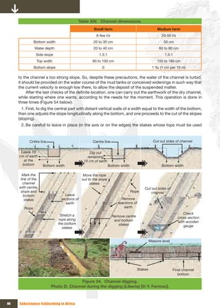 Table XIV. Channel dimensions.
                                                     Small farm                                  Medium farm
                                                       A few l/s                                    20-50 l/s
               Bottom width                          20 to 30 cm                                     50 cm
               Water depth                           20 to 40 cm                                  60 to 80 cm
                Side slope                               1.5:1                                        1.5:1
                Top width                           60 to 100 cm                                 150 to 180 cm
               Bottom slope                                0                                  1 ‰ (1 cm per 10 m)

     to the channel a too strong slope. So, despite these precautions, the water of the channel is turbid,
     it should be provided on the water course of the mud tanks or conceived widenings in such way that
     the current velocity is enough low there, to allow the deposit of the suspended matter.
          After the last checks of the definite location, one can carry out the earthwork of the dry channel,
     while starting where one wants, according to the needs for the moment. This operation is done in
     three times (Figure 54 below):
       1. First, to dig the central part with distant vertical walls of a width equal to the width of the bottom,
     then one adjusts the slope longitudinally along the bottom, and one proceeds to the cut of the slopes
     (sloping).
      2. Be carefull to leave in place (in the axis or on the edges) the stakes whose tops must be used


           Cnttre line                               Centre line                               Cut out sides of channel

      Leave 10                                    Dig out 
     cm of earth                                 remaining 
        at the                                 10 cm of earth
       bottom        Bottom width                                Bottom width                       Bottom width

       Mark the                               Move the rope 
      line of the                             out to the slope 
        channel                                    stakes
     with centre,                                                                       Cut out sides of 
      slope and                                                                 Rope        channel
        bottom                   Leave 
         stakes                sections of                              Remove 
                                  earth                                sections of 
        Rope                                                              earth

                               Stretch a                                                                           Check 
                                                                   Remove centre                                cross-section 
                              rope along                            and bottom 
                              the bottom                                                                        with wooden 
                                                                      stakes                                       gauge
                                stakes


                                                                                             Masons level




                                                                                    Stakes                  Final channel 
                                                                                                               bottom

                                       Figure 54. Channel digging.
                         Photo D. Channel during the digging (Liberia) [© Y. Fermon].



80   Subsistence fishfarming in Africa
 
