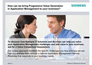 How can we bring Progressive Value Generation
in Application Management to your business?




To discover how Siemens IT Solutions and Services can help you solve
your Application Management challenges and add value to your business,
ask for a Value Comparison Assessment.
Our unique approach identifies the specific challenges you face and how we can
help you address them through a tailored Application Management Service
Roadmap that responds to your business needs.

                                           Copyright © Siemens AG 2010. All rights reserved.
Page 14                                                          Siemens IT Solutions and Services
 