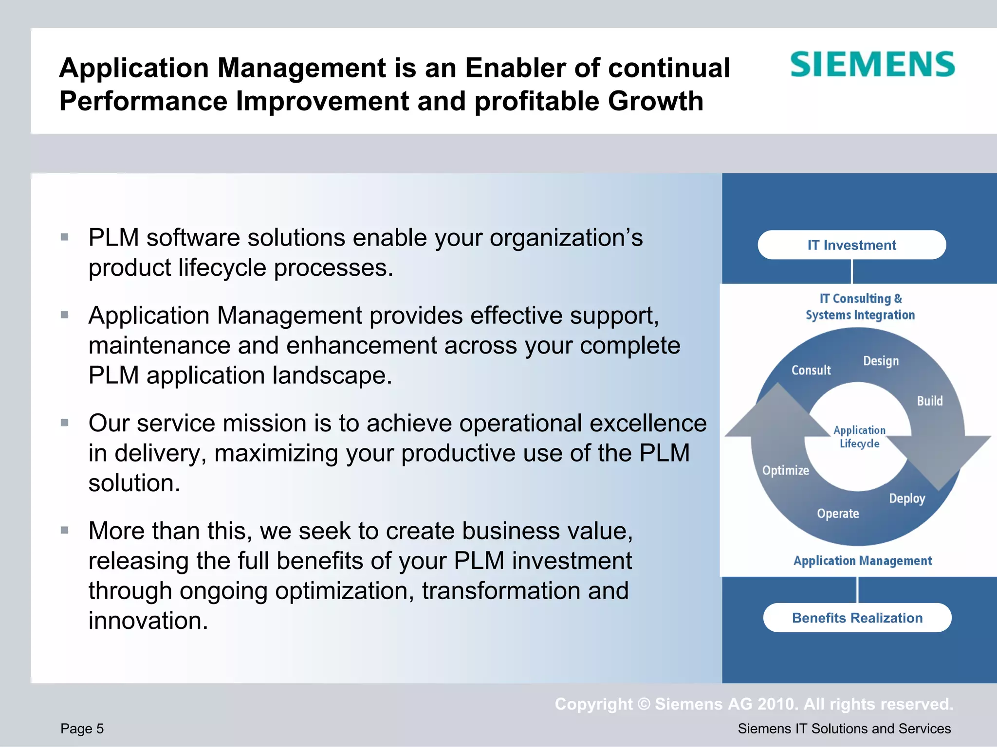 Application Management is an Enabler of continual
Performance Improvement and profitable Growth
Agenda



   PLM software solutions enable your organization’s                         IT Investment
   product lifecycle processes.
   Application Management provides effective support,
   maintenance and enhancement across your complete
   PLM application landscape.
   Our service mission is to achieve operational excellence
   in delivery, maximizing your productive use of the PLM
   solution.
   More than this, we seek to create business value,
   releasing the full benefits of your PLM investment
   through ongoing optimization, transformation and
   innovation.                                                             Benefits Realization




                                             Copyright © Siemens AG 2010. All rights reserved.
Page 5                                                             Siemens IT Solutions and Services
 