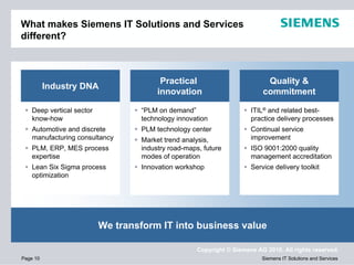What makes Siemens IT Solutions and Services
different?



                                         Practical                          Quality &
          Industry DNA
                                        innovation                         commitment

    Deep vertical sector           “PLM on demand”                     ITIL® and related best-
    know-how                       technology innovation               practice delivery processes
    Automotive and discrete        PLM technology center               Continual service
    manufacturing consultancy      Market trend analysis,              improvement
    PLM, ERP, MES process          industry road-maps, future          ISO 9001:2000 quality
    expertise                      modes of operation                  management accreditation
    Lean Six Sigma process         Innovation workshop                 Service delivery toolkit
    optimization




                           We transform IT into business value

                                                     Copyright © Siemens AG 2010. All rights reserved.
Page 10                                                                    Siemens IT Solutions and Services
 