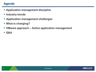 AgendaApplication management disciplineIndustry trendsApplication management challengesWhat is changing?VMware approach – Active application managementQ&A