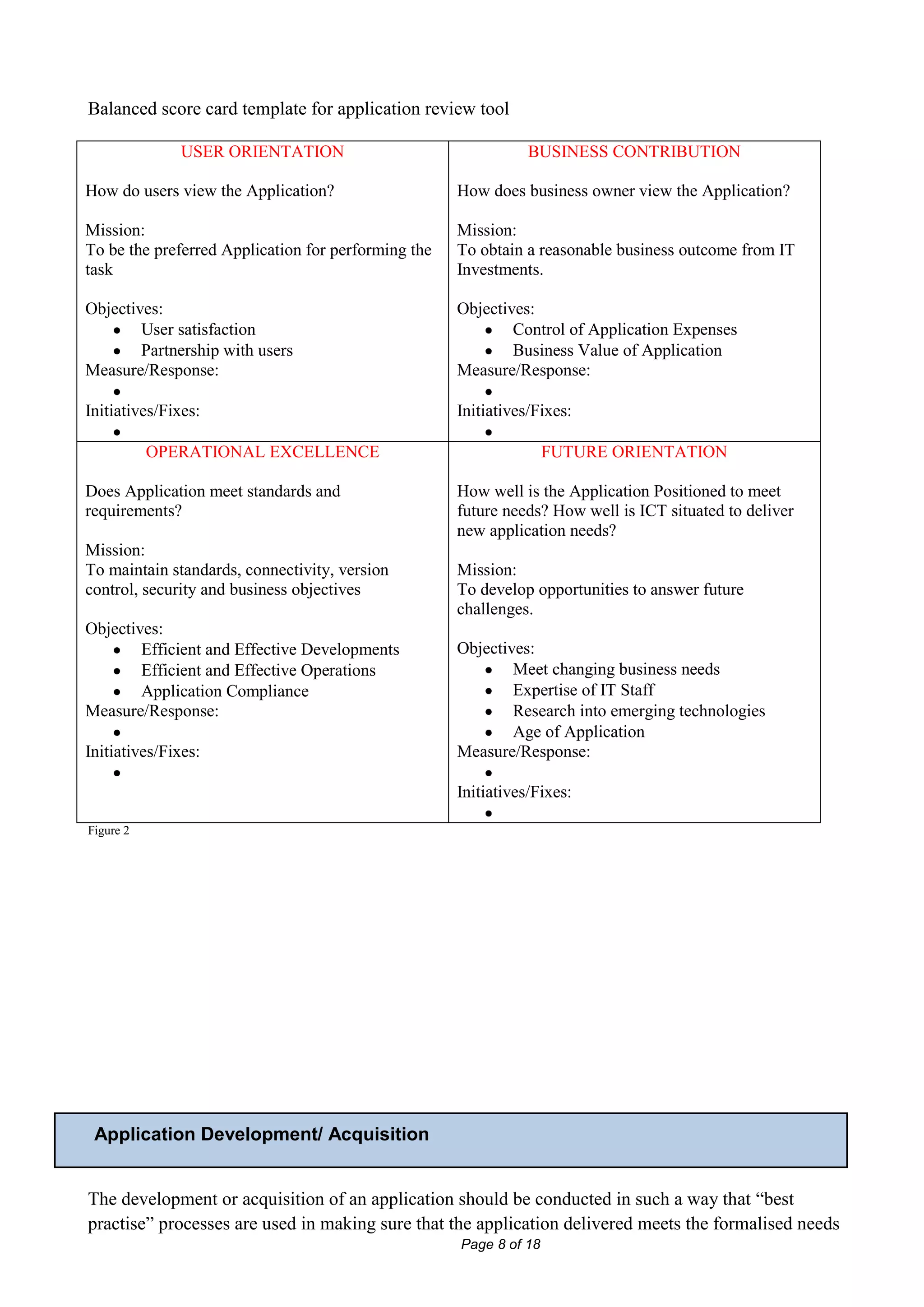 Balanced score card template for application review tool

              USER ORIENTATION                                  BUSINESS CONTRIBUTION

How do users view the Application?                   How does business owner view the Application?

Mission:                                             Mission:
To be the preferred Application for performing the   To obtain a reasonable business outcome from IT
task                                                 Investments.

Objectives:                                          Objectives:
        User satisfaction                                    Control of Application Expenses
        Partnership with users                               Business Value of Application
Measure/Response:                                    Measure/Response:

Initiatives/Fixes:                                   Initiatives/Fixes:

           OPERATIONAL EXCELLENCE                                   FUTURE ORIENTATION

Does Application meet standards and                  How well is the Application Positioned to meet
requirements?                                        future needs? How well is ICT situated to deliver
                                                     new application needs?
Mission:
To maintain standards, connectivity, version         Mission:
control, security and business objectives            To develop opportunities to answer future
                                                     challenges.
Objectives:
        Efficient and Effective Developments         Objectives:
        Efficient and Effective Operations                   Meet changing business needs
        Application Compliance                               Expertise of IT Staff
Measure/Response:                                            Research into emerging technologies
                                                             Age of Application
Initiatives/Fixes:                                   Measure/Response:

                                                     Initiatives/Fixes:

Figure 2




 Application Development/ Acquisition


The development or acquisition of an application should be conducted in such a way that “best
practise” processes are used in making sure that the application delivered meets the formalised needs
                                                     Page 8 of 18
 