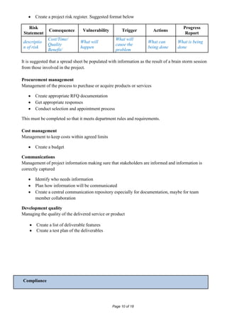 Create a project risk register. Suggested format below

    Risk                                                                                  Progress
               Consequence        Vulnerability         Trigger          Actions
 Statement                                                                                 Report
              Cost/Time/                            What will
 descriptio                      What will                             What can        What is being
              Quality                               cause the
 n of risk                       happen                                being done      done
              Benefit/                              problem

It is suggested that a spread sheet be populated with information as the result of a brain storm session
from those involved in the project.

Procurement management
Management of the process to purchase or acquire products or services

       Create appropriate RFQ documentation
       Get appropriate responses
       Conduct selection and appointment process

This must be completed so that it meets department rules and requirements.

Cost management
Management to keep costs within agreed limits

       Create a budget

Communications
Management of project information making sure that stakeholders are informed and information is
correctly captured

       Identify who needs information
       Plan how information will be communicated
       Create a central communication repository especially for documentation, maybe for team
       member collaboration

Development quality
Managing the quality of the delivered service or product

        Create a list of deliverable features
        Create a test plan of the deliverables




Compliance




                                                  Page 10 of 18
 