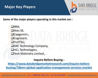 databridgemarketresearch.com US : +1-888-387-2818 UK : +44-161-394-0625 sales@databridgemarketresearch.com
3
Major Key Players
Some of the major players operating in this market are :
IBM,
Atos SE,
Capgemini.,
Cognizant,
FUJITSU,
DXC Technology Company,
HCL Technologies,
Tech Mahindra Limited.,
Inquire Before Buying :
https://www.databridgemarketresearch.com/inquire-before-
buying/?dbmr=global-application-management-services-market
 