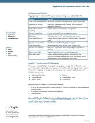 Application Management Services Overview


                           Key Features and Benefits
                           Engaging Infogain’s Application Management Services brings you a rich set of benefits:

                            Feature                            Benefit
                            ITSM-based support model Establishes industry standard processes in your organization
                            Extensive set of tools             Automates the entire support process and increase the
                                                               operations efficiency
                            Well-defined metrics               Enables precise information for management
                            reporting
SERVICES SCOPE              Comprehensive SLAs                 Provide accountability to service performance
l Applications

l Middleware
                            Dashboard                          Visibility enables timely and actionable information
l SW Infrastructure         Proactive Monitoring               Enables detection and resolution of issues before they affect
                                                               users
                            Flexible resource model            Provides resource flexibility for IT managers
                            Dual-shore delivery                Leverages skilled resources and lower support costs
Platforms                   Industry best practices            Helps your organization move towards higher operational
l Oracle                                                       maturity
l Microsoft
                            Governance model                   Enables reduced risk and increased collaboration
l SFDC

l Custom / Legacy
                            Proactive Support                  Enables team to identify problems, inefficiencies and
                                                               opportunities before they become issues and develop action
                                                               plans to resolve issues before they affect users


                           Enabling IT Transformation: AMS Roadmap
                           IT managers regularly face the challenge of balancing competing priorities. They often have
                           common questions regarding the best approach and what it would take to progress to a mature
                           IT operation. Infogain provides a comprehensive assessment program as a first step, which
                           evaluates several areas:

                            l	 Application Portfolio                                  l	 Metrics
                            l	 Support Model                                          l	 Processes and Tools
                            l	 Service Levels                                         l	 Governance


                           Key deliverables of our AMS assessment are three-fold:
                           1.   A set of recommendations for moving to a higher IT Infrastructure Library framework-based
                                maturity model
                           2.   A roadmap to implement these recommendations
                           3.   The cost model


                           Contact Infogain today at ams-solutions@infogain.com to discuss your
                           application management needs.


USA: +1-408-355-6000
UK: +44-(0)-162-842-1500
INDIA: +91-120-244 5144
                           All trademarks, trade names, service marks and logos referenced herein belong to their respective companies
www.infogain.com           © Copyright Infogain Corporation, 2012. All rights reserved.


                                                                                                                                     H700 09/12
 