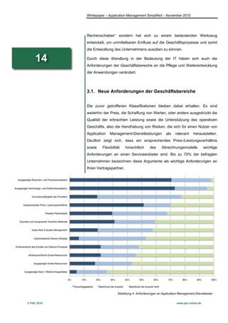 Whitepaper – Application Management Simplified – November 2010




             Rechenschieber“ sondern hat sich zu einem bedeutenden Werkzeug
             entwickelt, um unmittelbaren Einfluss auf die Geschäftsprozesse und somit
             die Entwicklung des Unternehmens ausüben zu können.

     14      Durch diese Wandlung in der Bedeutung der IT haben sich auch die
             Anforderungen der Geschäftsbereiche an die Pflege und Weiterentwicklung
             der Anwendungen verändert.




             3.1. Neue Anforderungen der Geschäftsbereiche


             Die zuvor getroffenen Klassifikationen bleiben dabei erhalten. Es sind
             weiterhin der Preis, die Schaffung von Werten, oder anders ausgedrückt die
             Qualität der erbrachten Leistung sowie die Unterstützung des operativen
             Geschäfts, also die Handhabung von Risiken, die sich für einen Nutzer von
             Application   Management-Dienstleistungen           als    relevant    herausstellen.
             Deutlich zeigt sich, dass ein ansprechendes Preis-/Leistungsverhältnis
             sowie    Flexibilität    hinsichtlich    des     Abrechnungsmodells             wichtige
             Anforderungen an einen Serviceanbieter sind. Bis zu 70% der befragten
             Unternehmen bezeichnen diese Argumente als wichtige Anforderungen an
             Ihren Vertragspartner.




                                Abbildung 4: Anforderungen an Application Management-Dienstleister


© PAC 2010                                                               www.pac-online.de
 