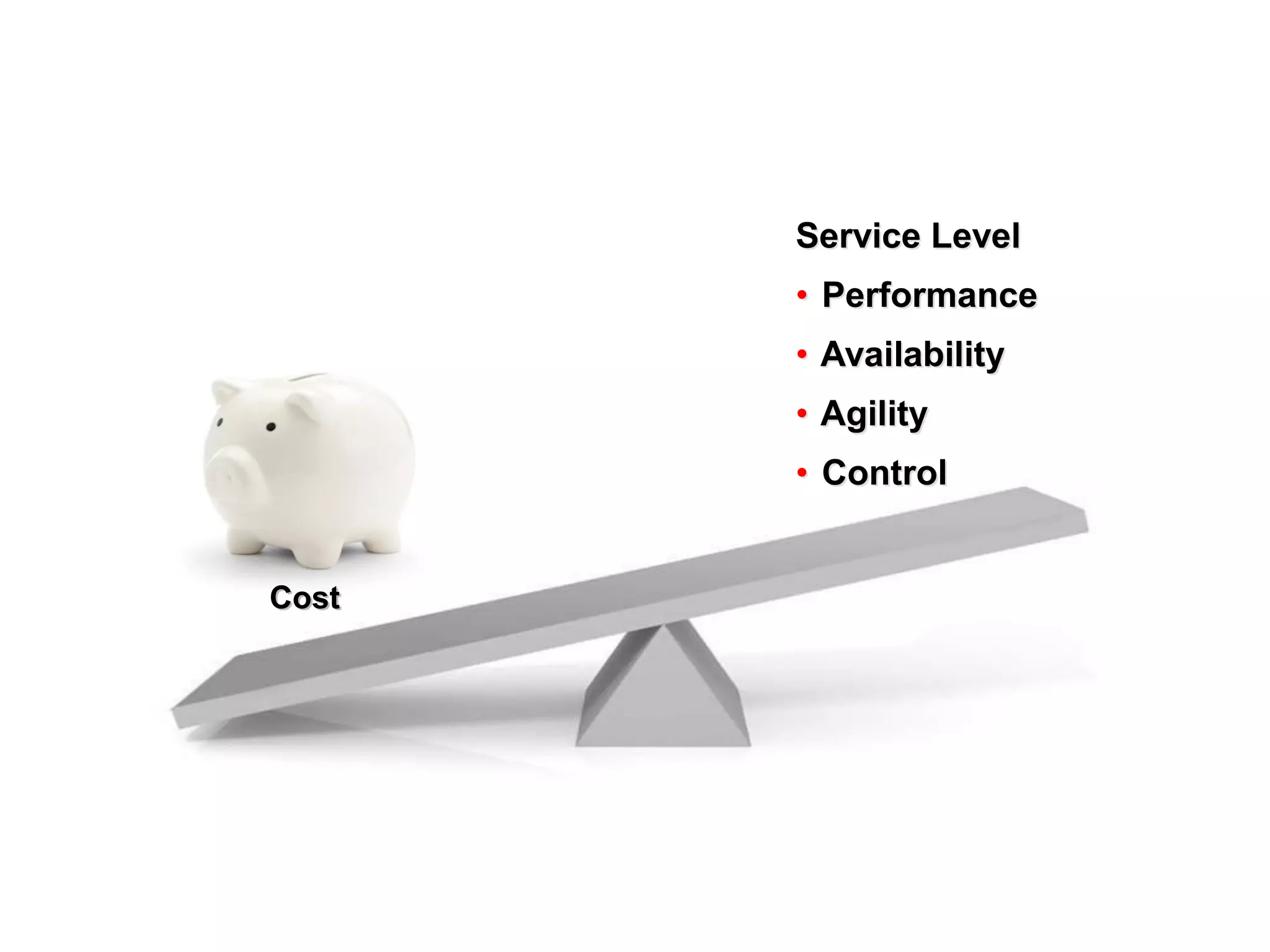 Service Level
       • Performance
       • Availability
       • Agility
       • Control


Cost
 