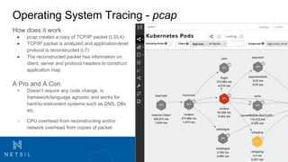 Operating System Tracing - pcap
How does it work
● pcap creates a copy of TCP/IP packet (L3/L4)
● TCP/IP packet is analyzed and application-level
protocol is reconstructed (L7)
● The reconstructed packet has information on
client, server and protocol headers to construct
application map
A Pro and A Con
+ Doesn’t require any code change, is
framework/language agnostic and works for
hard-to-instrument systems such as DNS, DBs
etc.
- CPU overhead from reconstructing and/or
network overhead from copies of packet
 