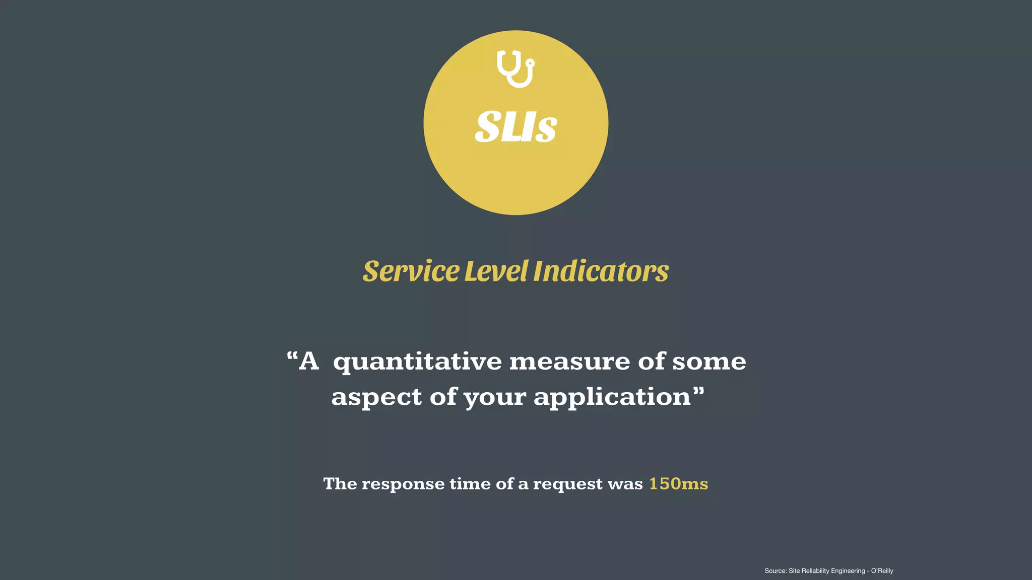 SLIs
Service Level Indicators
“A quantitative measure of some
aspect of your application”
The response time of a request was 150ms
Source: Site Reliability Engineering - O’Reilly
 