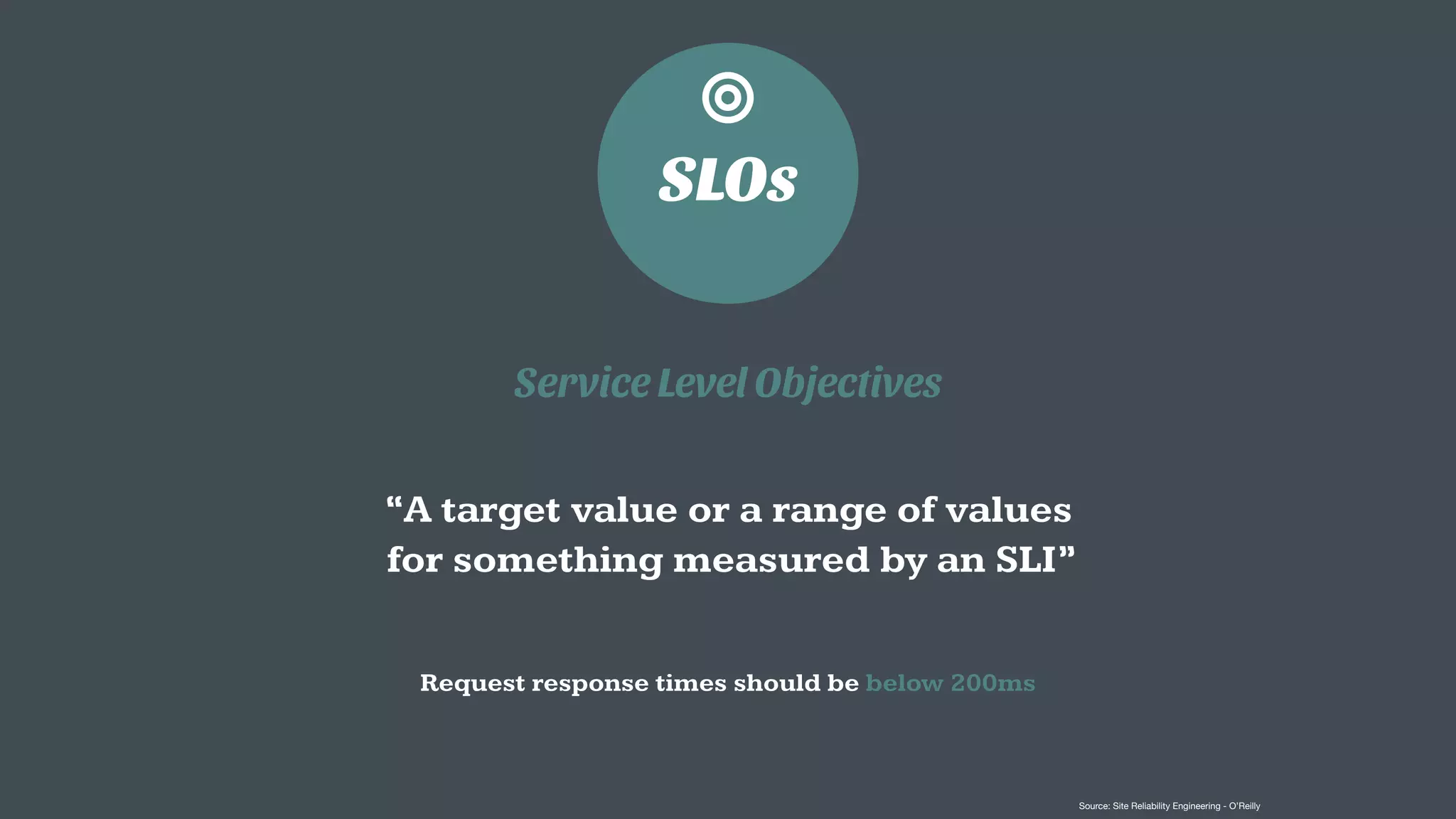 SLOs
◎
Service Level Objectives
“A target value or a range of values
for something measured by an SLI”
Request response times should be below 200ms
Source: Site Reliability Engineering - O’Reilly
 