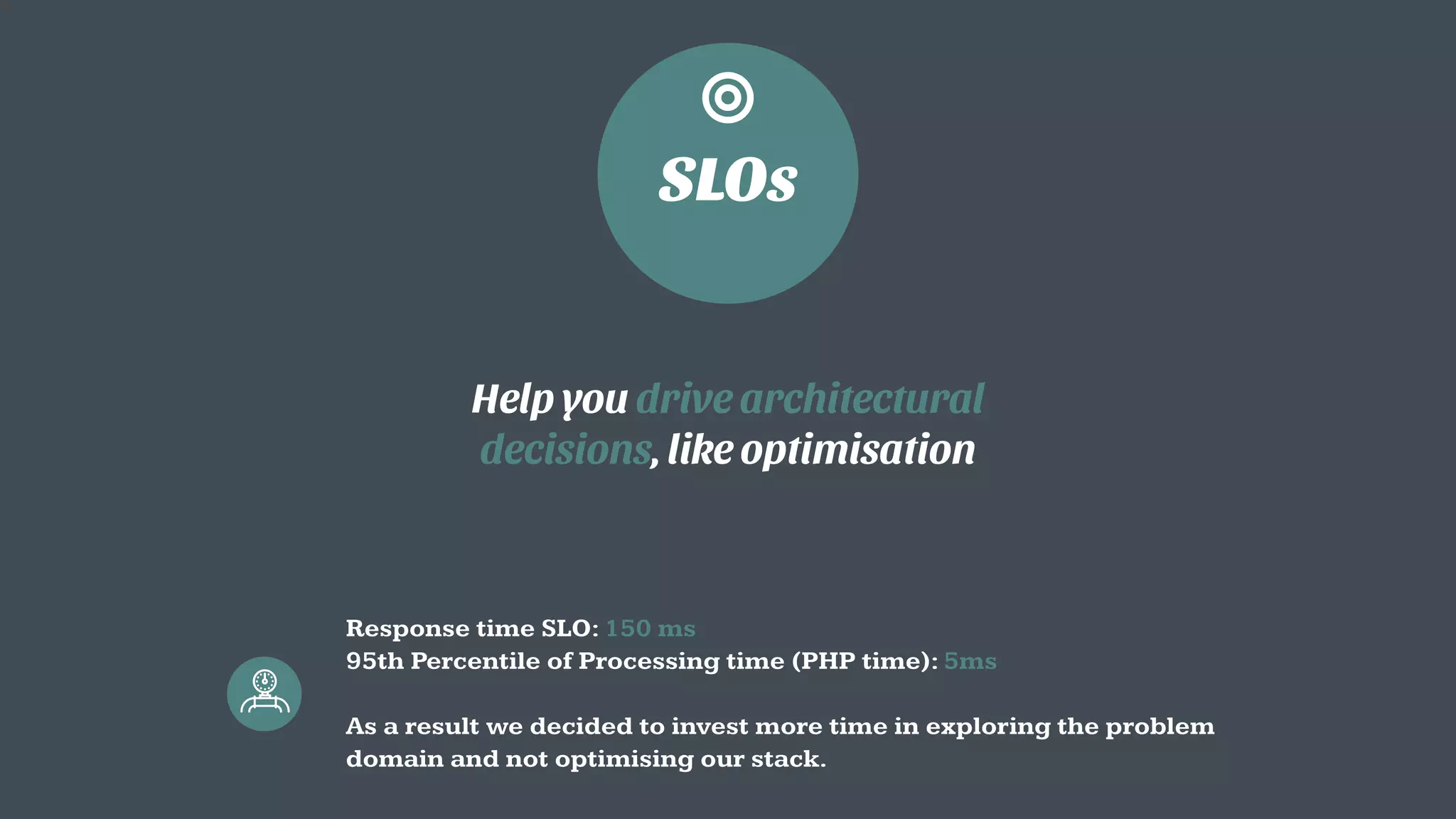 Help you drive architectural
decisions, like optimisation
SLOs
◎
Response time SLO: 150 ms 
95th Percentile of Processing time (PHP time): 5ms 
 
As a result we decided to invest more time in exploring the problem
domain and not optimising our stack.
 