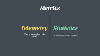 Metrics
Statistics
What is happening right
now?
How often does this happen?
Telemetry
 