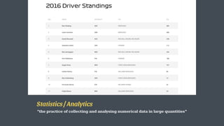 Statistics / Analytics
“the practice of collecting and analysing numerical data in large quantities”
 