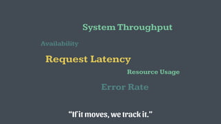 Request Latency
System Throughput
Error Rate
Availability
Resource Usage
“If it moves, we track it.”
 