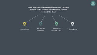 How long can it take between the user clicking
submit and a confirmation that our servers
received the data?
“Immediate"
“We sell as
real time”
“500ms,too
much HTML“
“I don’t know”
 