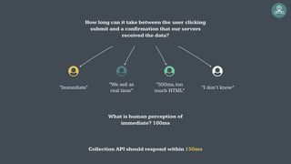 How long can it take between the user clicking
submit and a confirmation that our servers
received the data?
“Immediate"
“We sell as
real time”
“500ms,too
much HTML“
“I don’t know”
What is human perception of
immediate? 100ms
Collection API should respond within 150ms
 