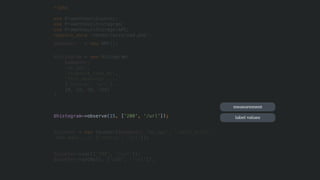 <?php
use PrometheusCounter;
use PrometheusHistogram;
use PrometheusStorageAPC; 
require_once 'vendor/autoload.php';
$adapter = new APC();
$histogram = new Histogram(
$adapter,
'my_app',
'response_time_ms',
'This measures ....',
['status', 'url'],
[0, 10, 50, 100]
);
$histogram->observe(15, ['200', '/url']);
$counter = new Counter($adapter, 'my_app', 'count_total',
'How many...', ['status', 'url']);
$counter->inc(['200', '/url']);
$counter->incBy(5, ['200', '/url']);
measurement
label values
 