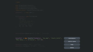 <?php
use PrometheusCounter;
use PrometheusHistogram;
use PrometheusStorageAPC; 
require_once 'vendor/autoload.php';
$adapter = new APC();
$histogram = new Histogram(
$adapter,
'my_app',
'response_time_ms',
'This measures ....',
['status', 'url'],
[0, 10, 50, 100]
);
$histogram->observe(15, ['200', '/url']);
$counter = new Counter($adapter, 'my_app', 'count_total',
'How many...', ['status', 'url']);
$counter->inc(['200', '/url']);
$counter->incBy(5, ['200', '/url']);
namespace
metric name
help
labels
 