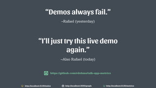–Also Rafael (today)
“I’ll just try this live demo
again.”
http://localhost:9090/graph http://localhost:8180/metrics
–Rafael (yesterday)
“Demos always fail.”
http://localhost:8180/index
https://github.com/rdohms/talk-app-metrics
 