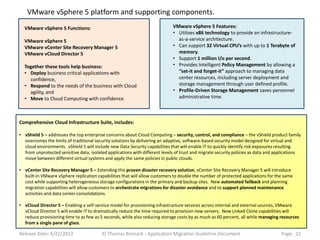 VMware vSphere 5 platform and supporting components.
  VMware vSphere 5 Functions:                                                VMware vSphere 5 Features:
                                                                             • Utilizes x86 technology to provide an infrastructure-
  VMware vSphere 5                                                             as-a-service architecture.
  VMware vCenter Site Recovery Manager 5                                     • Can support 32 Virtual CPU’s with up to 1 Terabyte of
  VMware vCloud Director 5                                                     memory.
                                                                             • Support 1 million I/o per second.
  Together these tools help business:                                        • Provides Intelligent Policy Management by allowing a
  • Deploy business critical applications with                                 “set-it and forget-it” approach to managing data
    confidence,                                                                center resources, including server deployment and
  • Respond to the needs of the business with Cloud                            storage management through user defined profile.
    agility, and                                                             • Profile-Driven Storage Management saves personnel
  • Move to Cloud Computing with confidence.                                   administrative time.



Comprehensive Cloud Infrastructure Suite, includes:

• vShield 5 – addresses the top enterprise concerns about Cloud Computing – security, control, and compliance – the vShield product family
  overcomes the limits of traditional security solutions by delivering an adaptive, software-based security model designed for virtual and
  cloud environments. vShield 5 will include new Data Security capabilities that will enable IT to quickly identify risk exposures resulting
  from unprotected sensitive data, isolated applications with different levels of trust and migrate security policies as data and applications
  move between different virtual systems and apply the same policies in public clouds.

• vCenter Site Recovery Manager 5 – Extending this proven disaster recovery solution, vCenter Site Recovery Manager 5 will introduce
  built-in VMware vSphere replication capabilities that will allow customers to double the number of protected applications for the same
  cost while supporting heterogeneous storage configurations in the primary and backup sites. New automated failback and planning
  migration capabilities will allow customers to orchestrate migrations for disaster avoidance and to support planned maintenance
  activities and data center consolidations.

• vCloud Director 5 – Enabling a self-service model for provisioning infrastructure services across internal and external sources, VMware
  vCloud Director 5 will enable IT to dramatically reduce the time required to provision new servers. New Linked Clone capabilities will
  reduce provisioning time to as few as 5 seconds, while also reducing storage costs by as much as 60 percent, all while managing resources
  from a single pane of glass.

Release Date: 4/22/2012                  © Thomas Bronack - Application Migration Guideline Document                                Page: 21
 