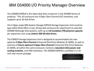 IBM DS4000 I/O Priority Manager Overview
  The DS4000 EXP810 is the latest disk drive enclosure in the DS4000 Series of
  products. This 3U enclosure has 4 Gbps Fibre Channel (FC) interfaces, and
  supports up to 16 disk drives.

  The 4 Gbps ready IBM System Storage EXP810 Storage Expansion Unit machine
  type (1812-81A) offers a new 16-bay disk enclosure for attachment to selected
  DS4000 Midrange Disk Systems, with up to 4.8 terabytes (TB) physical capacity
  per expansion unit using sixteen 300 GB disk drives.

  The EXP810 Storage Expansion Unit is designed to accommodate the new
  optional 2 Gbps Fibre Channel Enhanced Disk Drive Modules (E-DDM), as well as
  intermix of future optional 4 Gbps Fibre Channel Enhanced Disk Drive Modules
  (E-DDM), all within the same enclosure. Contains redundant (AC) power and
  cooling modules, and ESM interfaces. The DS4000 EXP810 is available in a 19-
  inch rack mount package.




Release Date: 4/22/2012   © Thomas Bronack - Application Migration Guideline Document   Page: 35
 