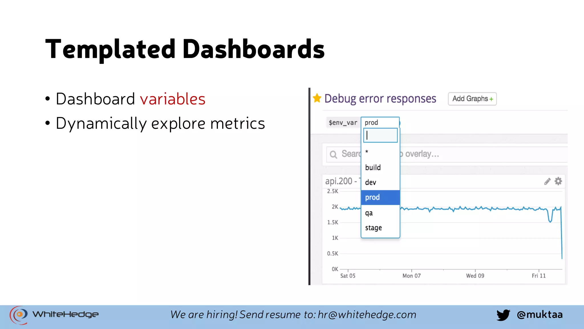 @muktaaWe are hiring! Send resume to: hr@whitehedge.com Templated Dashboards • Dashboard variables • Dynamically explore metrics 