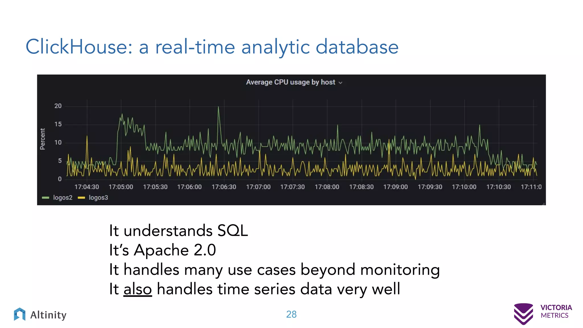 ClickHouse: a real-time analytic database It understands SQL It’s Apache 2.0 It handles many use cases beyond monitoring It also handles time series data very well 28 