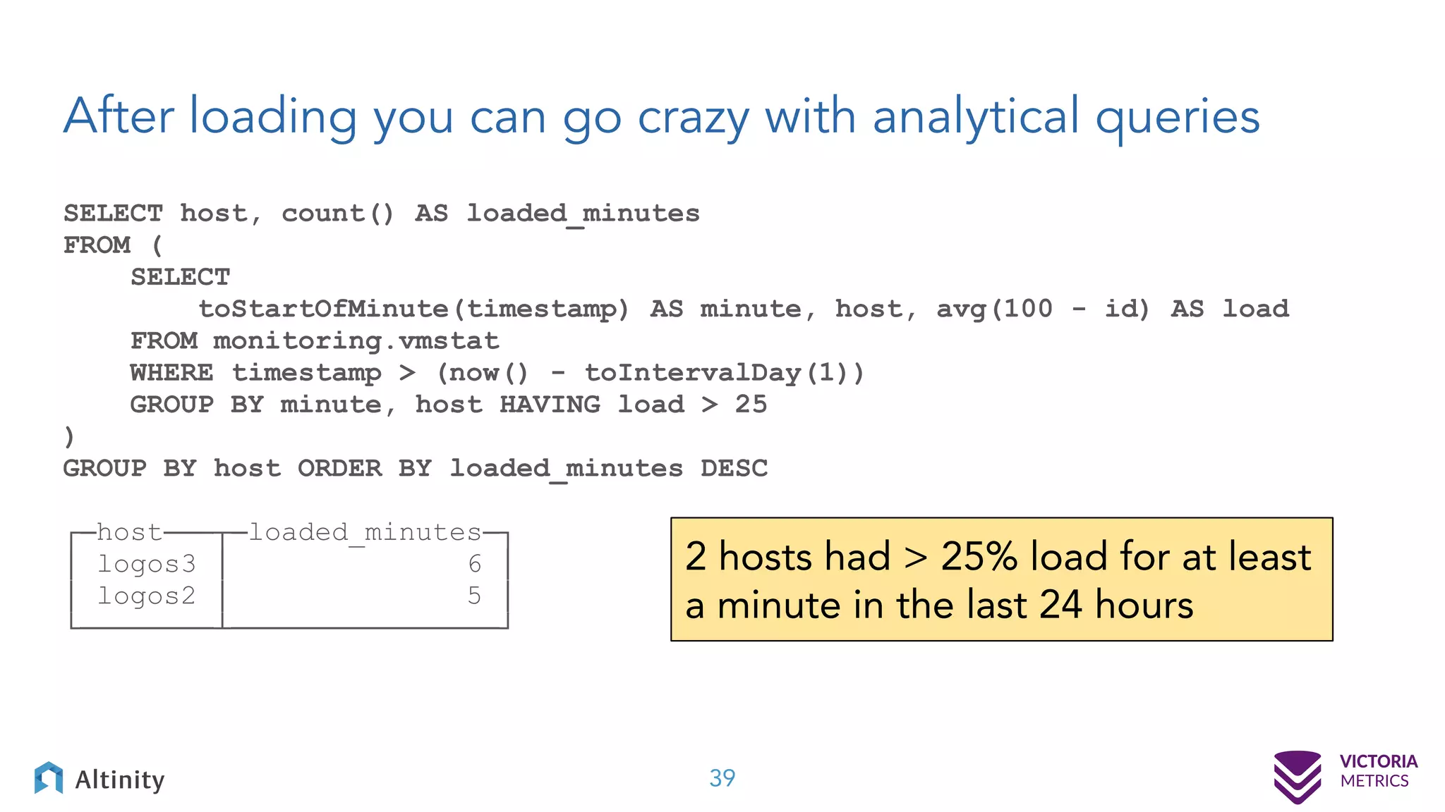 After loading you can go crazy with analytical queries 39 SELECT host, count() AS loaded_minutes FROM ( SELECT toStartOfMinute(timestamp) AS minute, host, avg(100 - id) AS load FROM monitoring.vmstat WHERE timestamp > (now() - toIntervalDay(1)) GROUP BY minute, host HAVING load > 25 ) GROUP BY host ORDER BY loaded_minutes DESC ┌─host───┬─loaded_minutes─┐ │ logos3 │ 6 │ │ logos2 │ 5 │ └────────┴────────────────┘ 2 hosts had > 25% load for at least a minute in the last 24 hours 