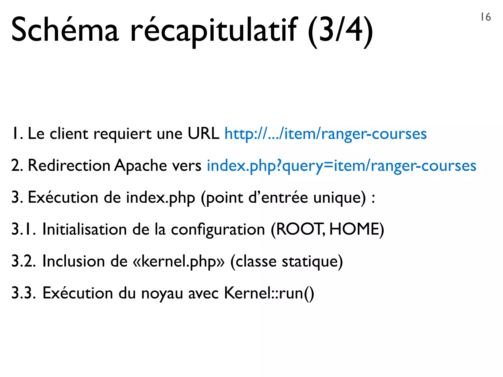 Schéma récapitulatif (3/4)
1. Le client requiert une URL http://.../item/ranger-courses
2. Redirection Apache vers index.php?query=item/ranger-courses
3. Exécution de index.php (point d’entrée unique) :
3.1. Initialisation de la conﬁguration (ROOT, HOME)
3.2. Inclusion de «kernel.php» (classe statique)
3.3. Exécution du noyau avec Kernel::run()
16
 