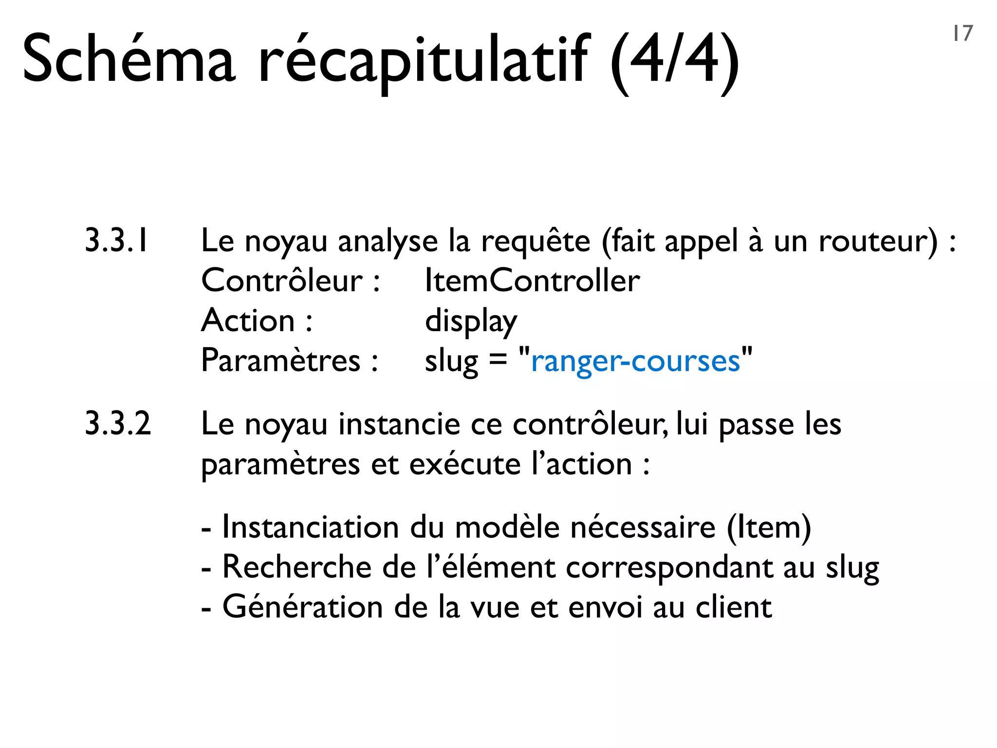 Schéma récapitulatif (4/4)
3.3.1	

	

 Le noyau analyse la requête (fait appel à un routeur) :
	

 	

 	

 Contrôleur : 	

 ItemController
	

 	

 	

 Action : 	

 	

 	

 display
	

 	

 	

 Paramètres : 	

 slug = "ranger-courses"
3.3.2	

	

 Le noyau instancie ce contrôleur, lui passe les
	

 	

 	

 paramètres et exécute l’action :
	

 	

 	

 - Instanciation du modèle nécessaire (Item)
	

 	

 	

 - Recherche de l’élément correspondant au slug
	

 	

 	

 - Génération de la vue et envoi au client
17
 