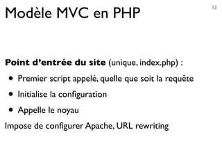 Modèle MVC en PHP
Point d’entrée du site (unique, index.php) :
• Premier script appelé, quelle que soit la requête
• Initialise la conﬁguration
• Appelle le noyau
Impose de conﬁgurer Apache, URL rewriting
13
 