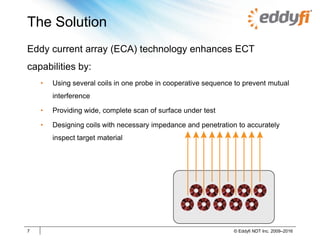 The Solution
Eddy current array (ECA) technology enhances ECT
capabilities by:
• Using several coils in one probe in cooperative sequence to prevent mutual
interference
• Providing wide, complete scan of surface under test
• Designing coils with necessary impedance and penetration to accurately
inspect target material
7 © Eddyfi NDT Inc. 2009–2016
 